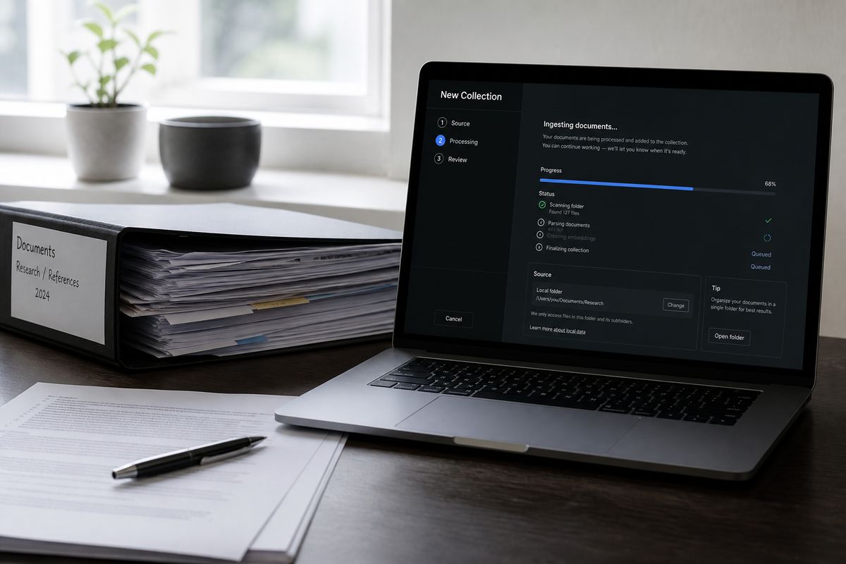 Documents beside a laptop showing collection ingest