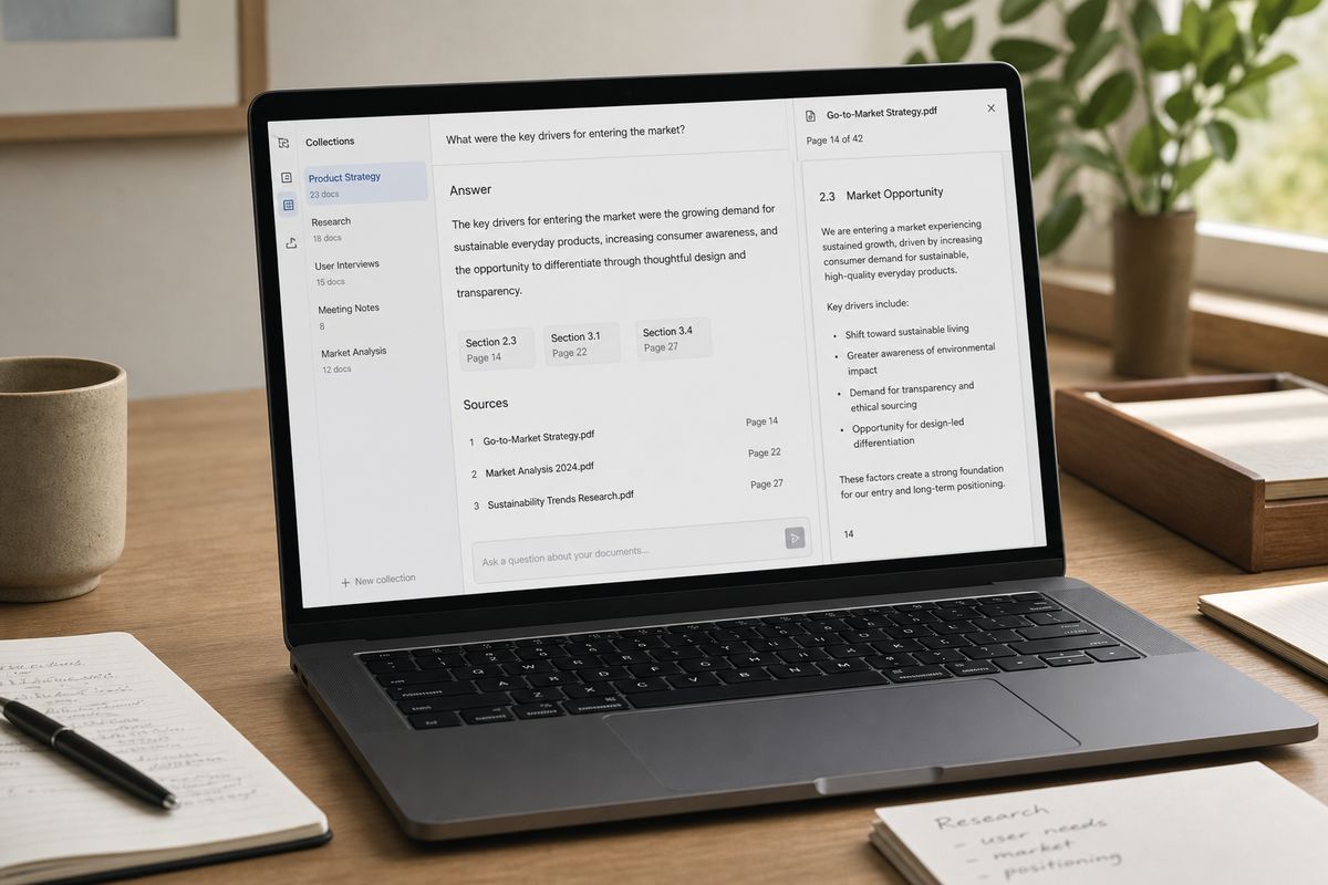 AnyRAG desktop interface with cited answer and source reader