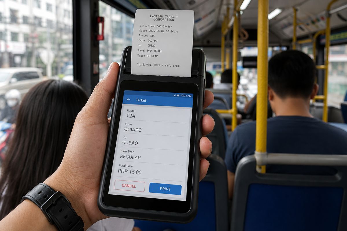 Handheld POS printing a bus ticket on a city bus