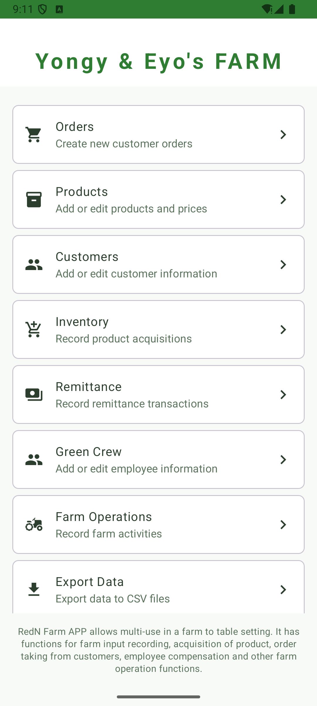 RedN Farm App dashboard on an Android phone