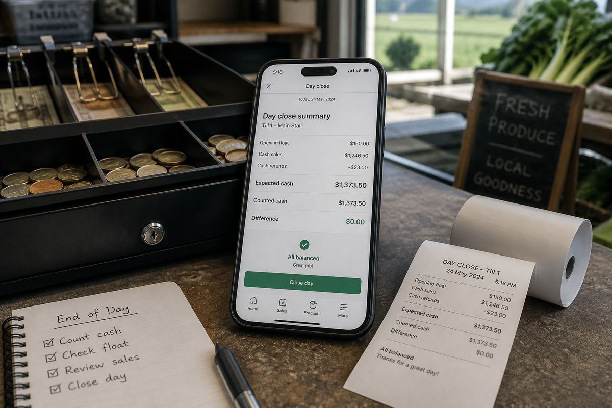 Day close summary on a phone beside cash and a thermal receipt