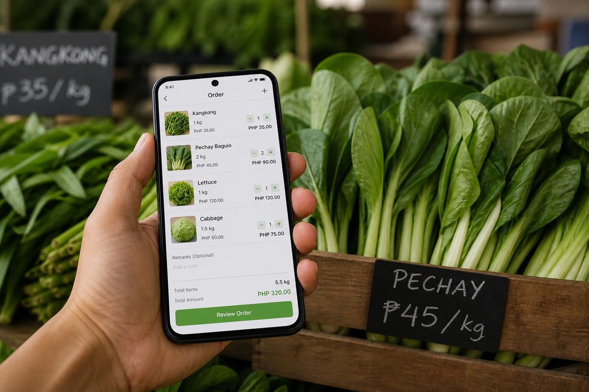Phone showing an order and pricing screen at a produce stall