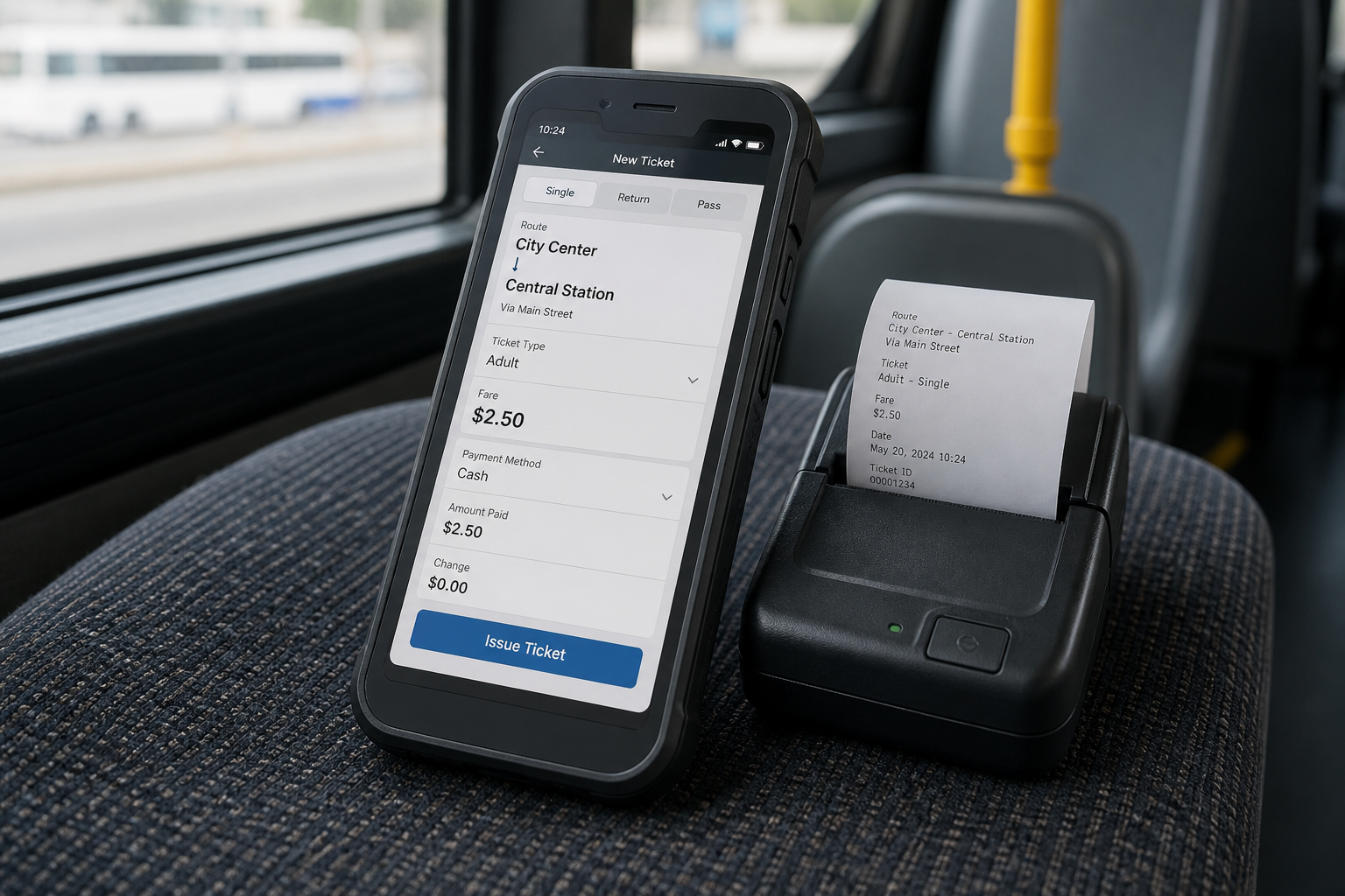 BusyStreet ticketing handset beside a thermal receipt printer
