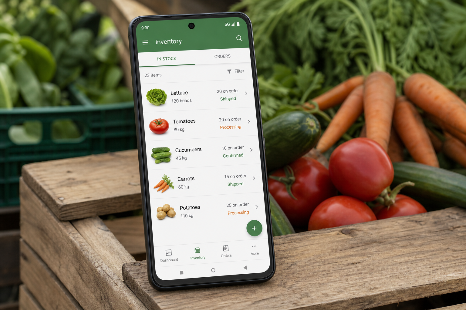 RedN Farm inventory screen on a phone resting on a produce crate